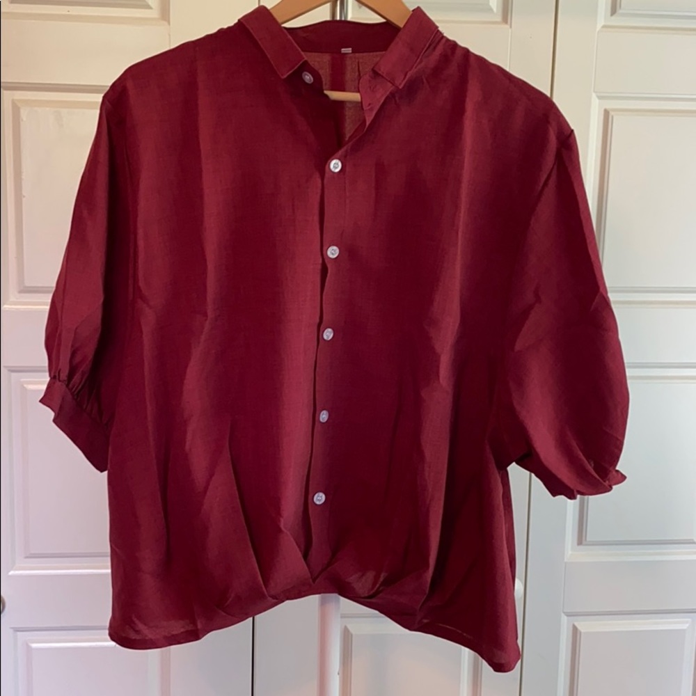 Burgundy button up bubble hem top
